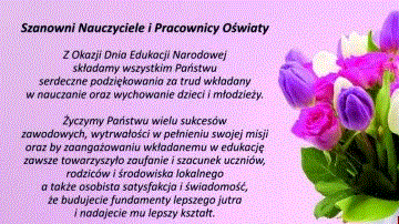 Białe i fioletowe tulipany z życzeniami z okazji dnia Edukacji Narodowej